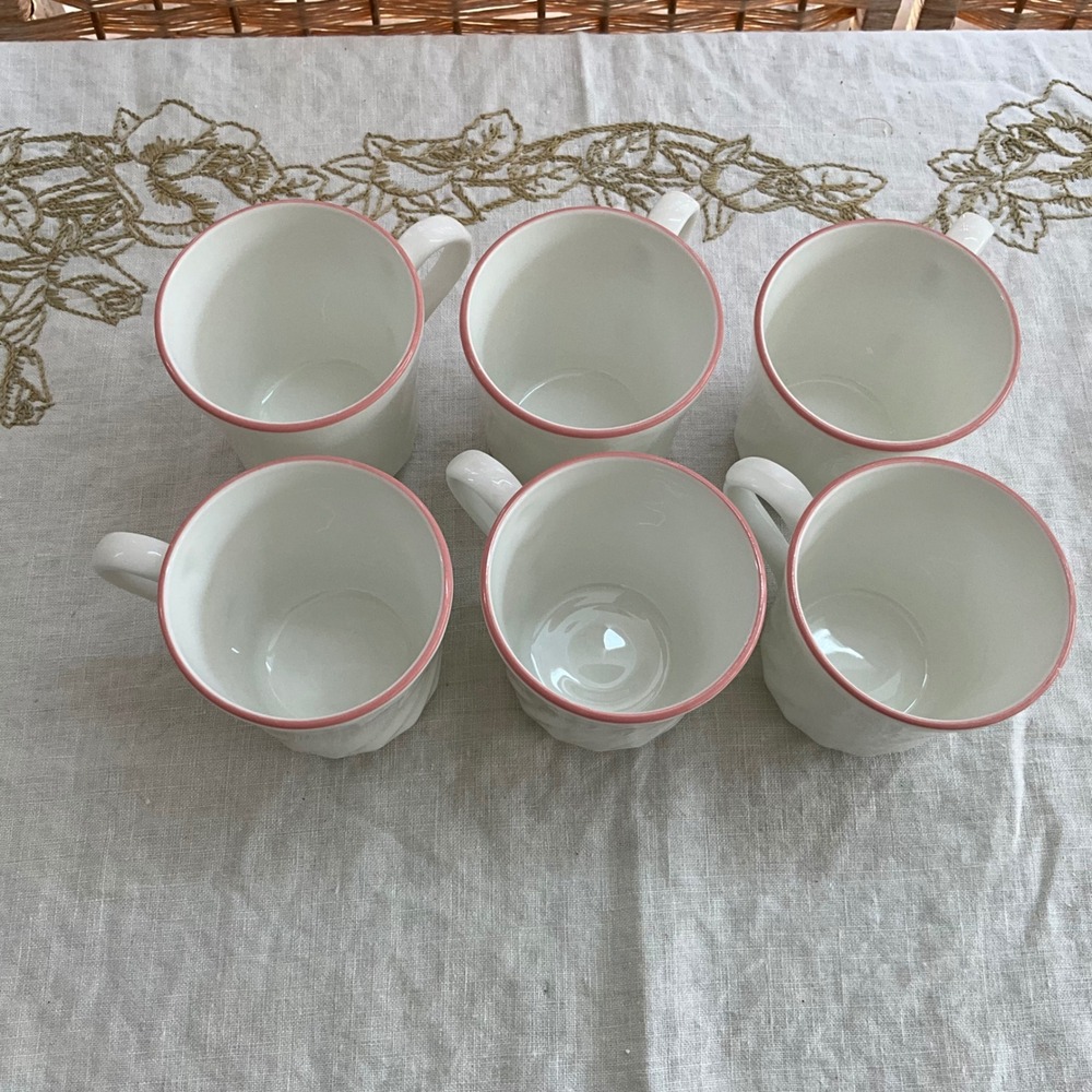 Vintage Corning USA White Pink Rim Swirl‎ Mugs Set of 6 Microwave Safe 3.5 Inch